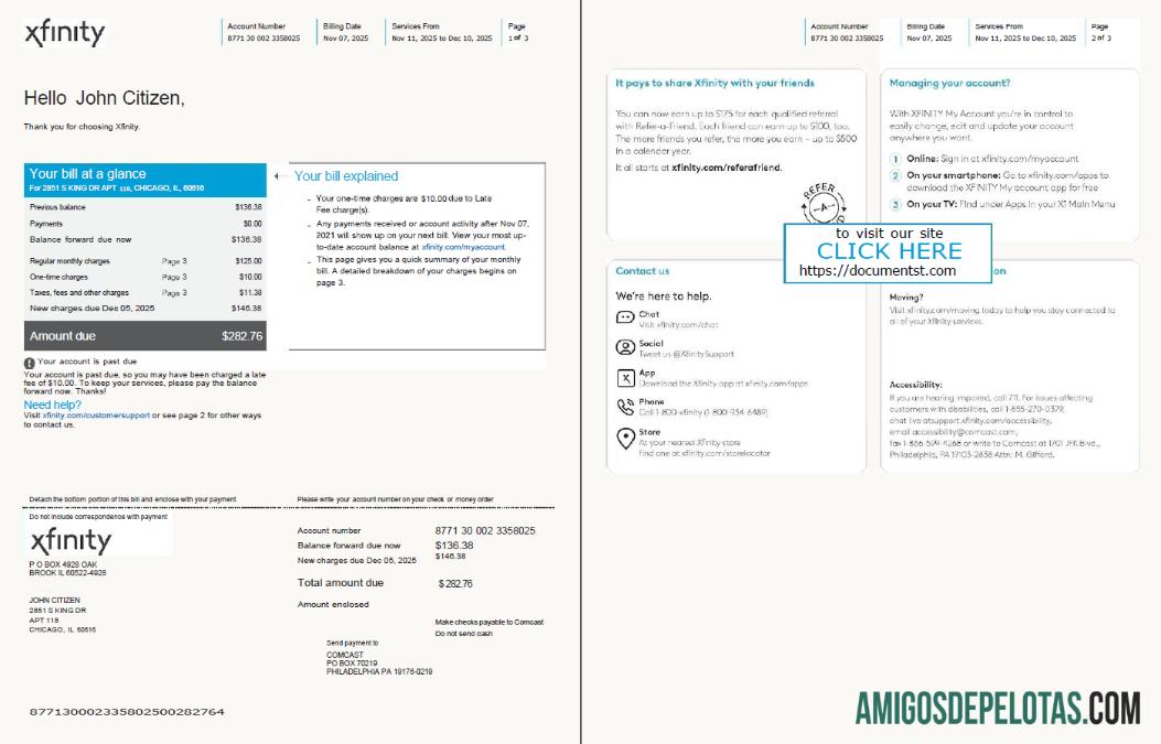 em branco Modelo de fatura de serviços públicos Xfinity dos EUA em formatos Word e PDF, 3 páginas, versão 2, 1 2 páginas